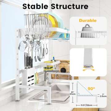 MERRYBOX Over The Sink Dish Drying Rack Adjustable Length (25-33in), Dish Rack Over Sink with Multiple Baskets Utensil Holder Cup Holder, Large Dish Rack for Kitchen Sink Organizer, White
