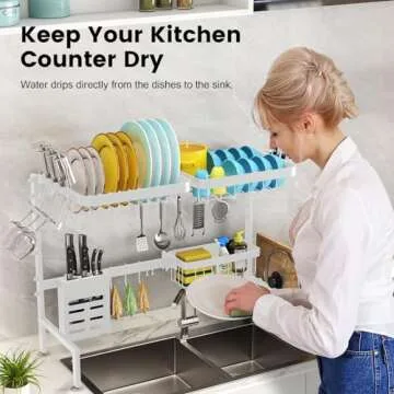 MERRYBOX Over The Sink Dish Drying Rack Adjustable Length (25-33in), Dish Rack Over Sink with Multiple Baskets Utensil Holder Cup Holder, Large Dish Rack for Kitchen Sink Organizer, White