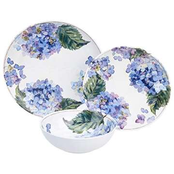Amazon Basics Melamine Dinnerware Set, Service for 4, Blue Hydrangea Floral - Set of 12