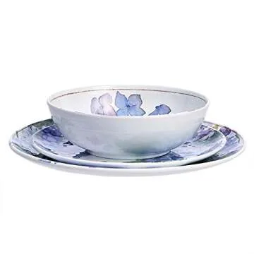 Amazon Basics Melamine Dinnerware Set, Service for 4, Blue Hydrangea Floral - Set of 12