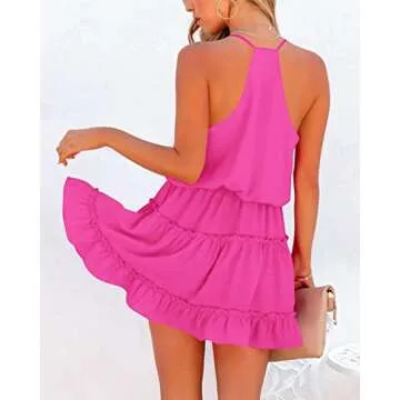 Newffr Womens V Neck Summer Dress Sleeveless Mini Dress Ruffle Dress Spaghetti Strap Racerback Sun Flowy Dress Rose