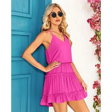 Newffr Womens V Neck Summer Dress Sleeveless Mini Dress Ruffle Dress Spaghetti Strap Racerback Sun Flowy Dress Rose