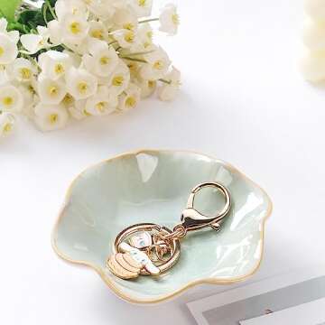 2PCS Lotus Leaf Shape Ring Holder Dish, Small Key Bowl, Ceramic Trinket Tray Jewelry Dish Organizing Necklace Earrings for Mom Friend Sister, All Jewelries Are NOT Included.White+Light Green.