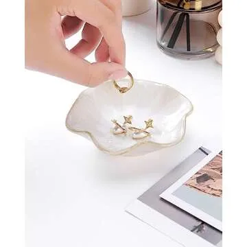 2PCS Lotus Leaf Shape Ring Holder Dish, Small Key Bowl, Ceramic Trinket Tray Jewelry Dish Organizing Necklace Earrings for Mom Friend Sister, All Jewelries Are NOT Included.White+Light Green.