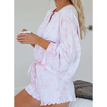 Elapsy Womens Ladies Jersery Cotton Tie-dye Print PJ Set Nightwear Long Sleeve Button Down Boyfiriend Short Pajamas Set Soft Tee with Frill Pants Sleepwear Lounge Wear Pink Medium