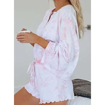 Elapsy Womens Ladies Jersery Cotton Tie-dye Print PJ Set Nightwear Long Sleeve Button Down Boyfiriend Short Pajamas Set Soft Tee with Frill Pants Sleepwear Lounge Wear Pink Medium