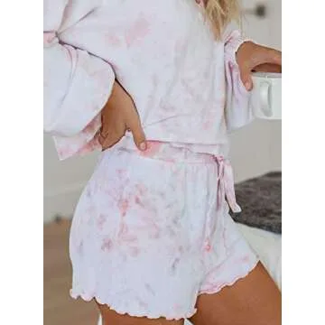 Elapsy Womens Ladies Jersery Cotton Tie-dye Print PJ Set Nightwear Long Sleeve Button Down Boyfiriend Short Pajamas Set Soft Tee with Frill Pants Sleepwear Lounge Wear Pink Medium