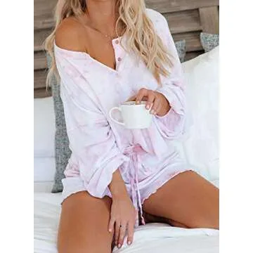 Elapsy Womens Ladies Jersery Cotton Tie-dye Print PJ Set Nightwear Long Sleeve Button Down Boyfiriend Short Pajamas Set Soft Tee with Frill Pants Sleepwear Lounge Wear Pink Medium