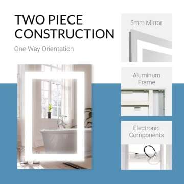 Mirrors & Marble Rectangle LED Vanity Mirror (60" x 36"), Front Lighted Modern Anti Fog Mirrior for Bathroom, Bedroom, Wall Mounting Home Décor Glass for Bathroom for Over Sink, Entryway