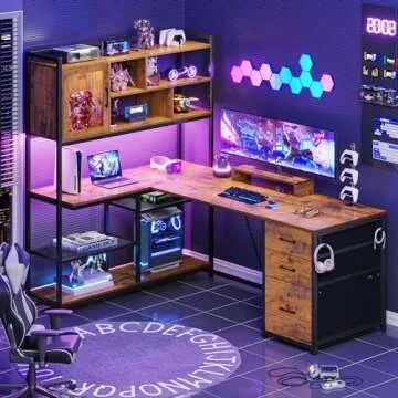 SEDETA L Shaped Computer Desk with LED Lights and Storage