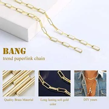 ALEXCRAFT 12 Feet 14K Dainty Gold Plated Brass Paperclip Chain Link Necklace Bulk for Jewelry Making