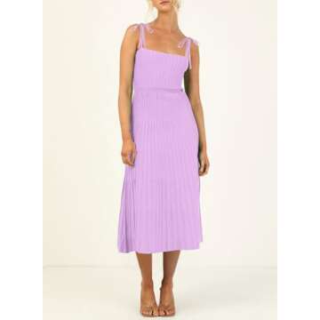 ARTFREE Womens Ribbed Knit Summer Maxi Dresses Tie Straps Square Neck Party Long Dress Lilac S
