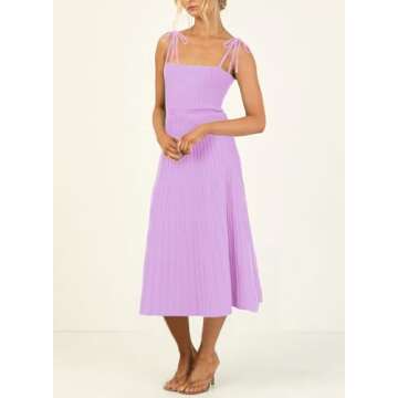 ARTFREE Womens Ribbed Knit Summer Maxi Dresses Tie Straps Square Neck Party Long Dress Lilac S