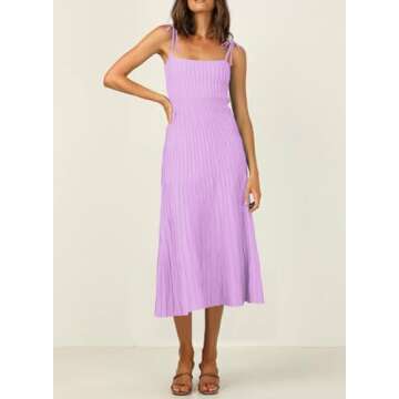 ARTFREE Womens Ribbed Knit Summer Maxi Dresses Tie Straps Square Neck Party Long Dress Lilac S