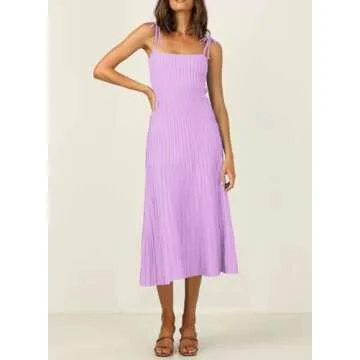 ARTFREE Womens Ribbed Knit Summer Maxi Dresses Tie Straps Square Neck Party Long Dress Lilac S