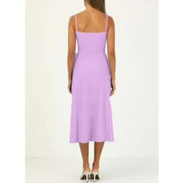 ARTFREE Womens Ribbed Knit Summer Maxi Dresses Tie Straps Square Neck Party Long Dress Lilac S