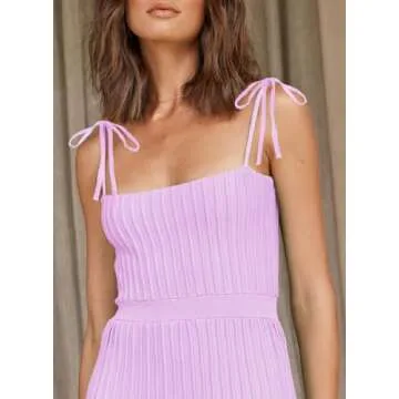 ARTFREE Womens Ribbed Knit Summer Maxi Dresses Tie Straps Square Neck Party Long Dress Lilac S