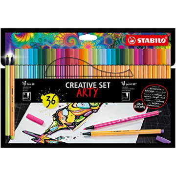 STABILO Fineliner + Premium Fiber-Tip Pen Point 88 + Pen 68 - ARTY - Pack of 36 - Assorted Pastel Co...