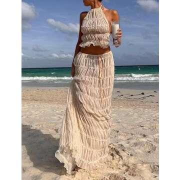 SOOKABEILA Womens 2 Piece Maxi Skirt Set Lace Up Sleeveless Tank Top and Flowy Long Skirt 2024 Summer Beach Outfits (Apricot,XL)