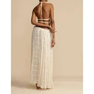 SOOKABEILA Womens 2 Piece Maxi Skirt Set Lace Up Sleeveless Tank Top and Flowy Long Skirt 2024 Summer Beach Outfits (Apricot,XL)