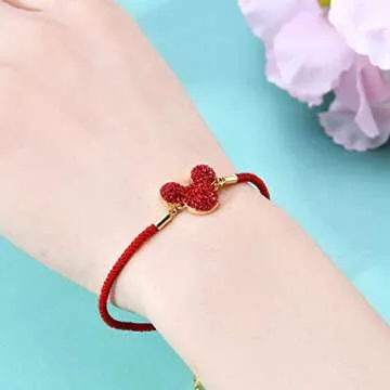 Deelan Fashion Lucky Mickey Crystal Charm Bracelets for Women Red Line Link Bracelet for 18k Gold Plated Jewelry Gift (Style 1)