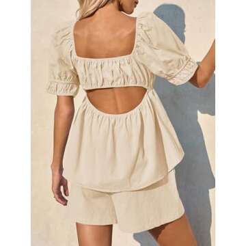 Tankaneo Womens 2 Piece Outfits Summer Square Neck Short Puff Sleeve Babydoll Tops and Shorts Matching Set