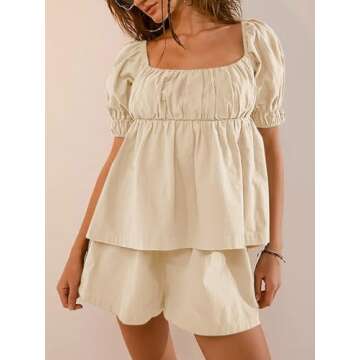 Tankaneo Womens 2 Piece Outfits Summer Square Neck Short Puff Sleeve Babydoll Tops and Shorts Matching Set