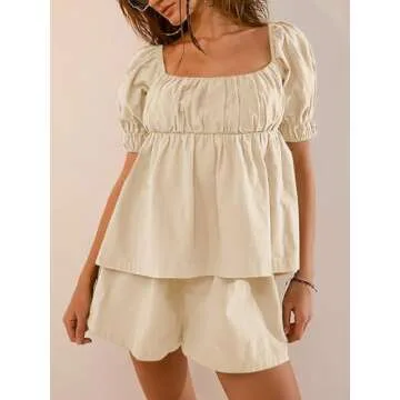 Tankaneo Womens 2 Piece Outfits Summer Square Neck Short Puff Sleeve Babydoll Tops and Shorts Matching Set