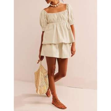 Tankaneo Womens 2 Piece Outfits Summer Square Neck Short Puff Sleeve Babydoll Tops and Shorts Matching Set