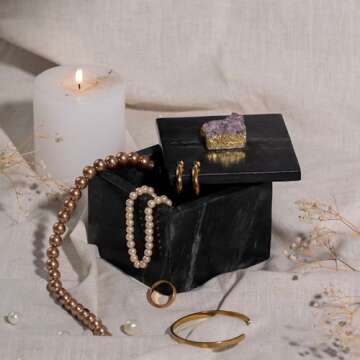 Modern Decorative Objects Marble Box with Lid for Bathroom Home Decor | Black Marble Decor Box with Geode Small Boxes | Jewellery | Vintage Vanity Decor & Girls Keepsake Box (Black Marble, 4x4x3.5")