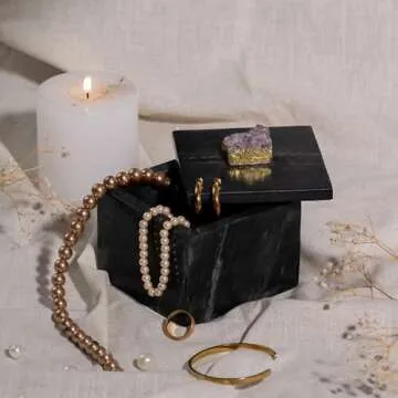 Modern Decorative Objects Marble Box with Lid for Bathroom Home Decor | Black Marble Decor Box with Geode Small Boxes | Jewellery | Vintage Vanity Decor & Girls Keepsake Box (Black Marble, 4x4x3.5")
