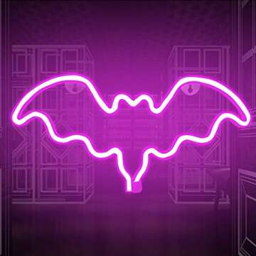 FUNPENY Bat Neon Signs, LED Festival Pink Bat Neon Lights, Halloween Decorations for Table Desk Indo...