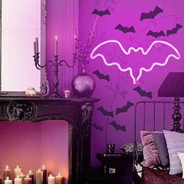 FUNPENY Bat Neon Signs, LED Festival Pink Bat Neon Lights, Halloween Decorations for Table Desk Indoors Home Bedroom Decorations USB Charging & Battery