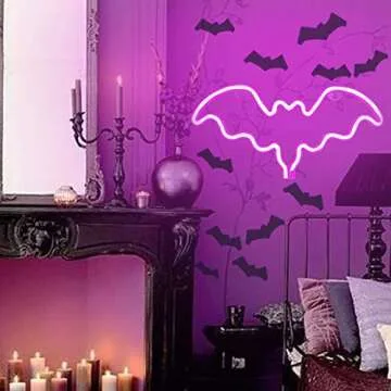 FUNPENY Bat Neon Signs, LED Festival Pink Bat Neon Lights, Halloween Decorations for Table Desk Indoors Home Bedroom Decorations USB Charging & Battery