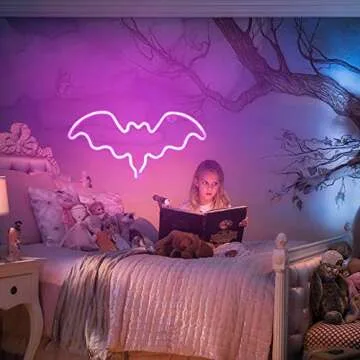 FUNPENY Bat Neon Signs, LED Festival Pink Bat Neon Lights, Halloween Decorations for Table Desk Indoors Home Bedroom Decorations USB Charging & Battery