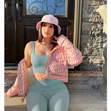 Beaufident Workout Set for Women Active 2 Pieces Seamless Ribbed Yoga Leggings with Support Paded Sports Top Blue Stone