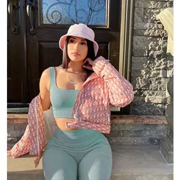 Beaufident Workout Set for Women Active 2 Pieces Seamless Ribbed Yoga Leggings with Support Paded Sports Top Blue Stone