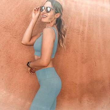 Beaufident Workout Set for Women Active 2 Pieces Seamless Ribbed Yoga Leggings with Support Paded Sports Top Blue Stone