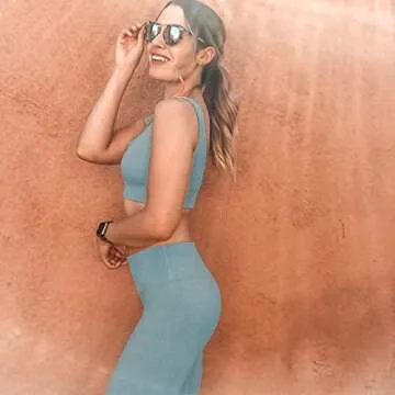 Beaufident Workout Set for Women Active 2 Pieces Seamless Ribbed Yoga Leggings with Support Paded Sports Top Blue Stone