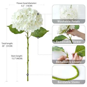 ZYTUYO 20 inches 4 Pcs Ivory White Real Touch Hydrangea Artificial Flowers Boho Lifelike Real Looking Latex Hydrangeas Flower with Long Stem for Home Decor Spring Table Centrepiece