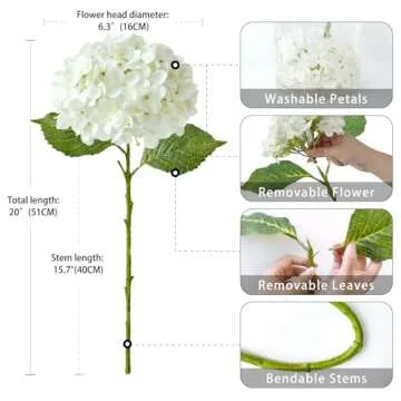 ZYTUYO 20 inches 4 Pcs Ivory White Real Touch Hydrangea Artificial Flowers Boho Lifelike Real Looking Latex Hydrangeas Flower with Long Stem for Home Decor Spring Table Centrepiece