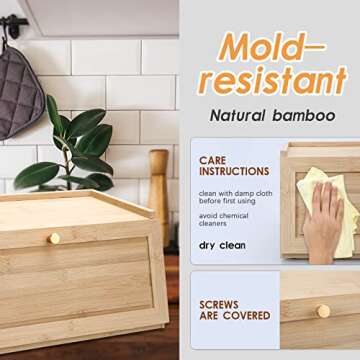 Bread Box, Bamboo Bread Box for Kitchen Countertop, Assembly Free Large Capacity Bread Storage Container, All In One Piece Bread Storage with Air Vents,Keeps Bread, Bagels and Rolls Fresh,15x9.44x7in