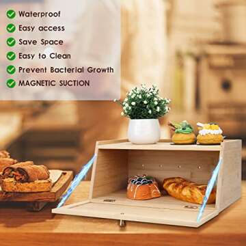 Bread Box, Bamboo Bread Box for Kitchen Countertop, Assembly Free Large Capacity Bread Storage Container, All In One Piece Bread Storage with Air Vents,Keeps Bread, Bagels and Rolls Fresh,15x9.44x7in