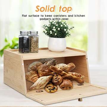 Bread Box, Bamboo Bread Box for Kitchen Countertop, Assembly Free Large Capacity Bread Storage Container, All In One Piece Bread Storage with Air Vents,Keeps Bread, Bagels and Rolls Fresh,15x9.44x7in