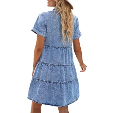 LookbookStore Holiday Dresses for Women 2024 Button Down Dress Casual Women Denim Babydoll Dress Short Midi Summer Dress Oversized Denim Short Dress Bay Blue Size M Babydoll Dress Size 8 10