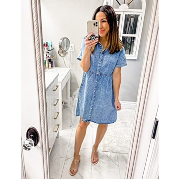 LookbookStore Holiday Dresses for Women 2024 Button Down Dress Casual Women Denim Babydoll Dress Short Midi Summer Dress Oversized Denim Short Dress Bay Blue Size M Babydoll Dress Size 8 10