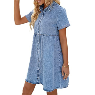 LookbookStore Holiday Dresses for Women 2024 Button Down Dress Casual Women Denim Babydoll Dress Short Midi Summer Dress Oversized Denim Short Dress Bay Blue Size M Babydoll Dress Size 8 10