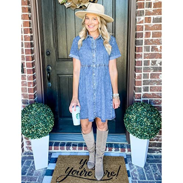 LookbookStore Holiday Dresses for Women 2024 Button Down Dress Casual Women Denim Babydoll Dress Short Midi Summer Dress Oversized Denim Short Dress Bay Blue Size M Babydoll Dress Size 8 10