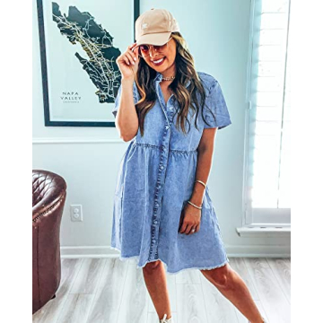 LookbookStore Holiday Dresses for Women 2024 Button Down Dress Casual Women Denim Babydoll Dress Short Midi Summer Dress Oversized Denim Short Dress Bay Blue Size M Babydoll Dress Size 8 10