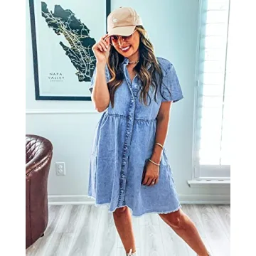 LookbookStore Holiday Dresses for Women 2024 Button Down Dress Casual Women Denim Babydoll Dress Short Midi Summer Dress Oversized Denim Short Dress Bay Blue Size M Babydoll Dress Size 8 10